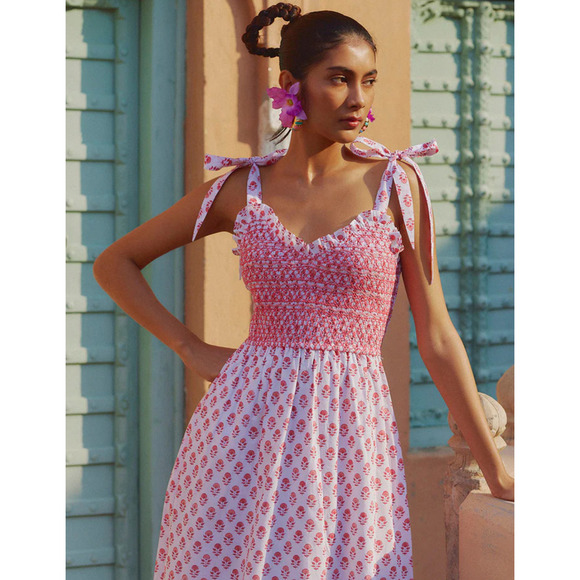 Pink City Prints Rose Meadow Red Block Jessica Maxi Dress Smocked Tuckernuck M - Picture 9 of 15